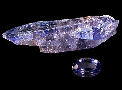 Tanzanite shown as rough stone and cut stone the December birthstone