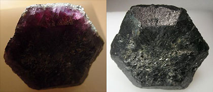 Alexandrite showing green of artificial light and the red of transmitted light.